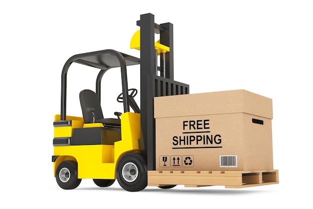 Forklift truck with Free Shipping Box and pallet on a white background