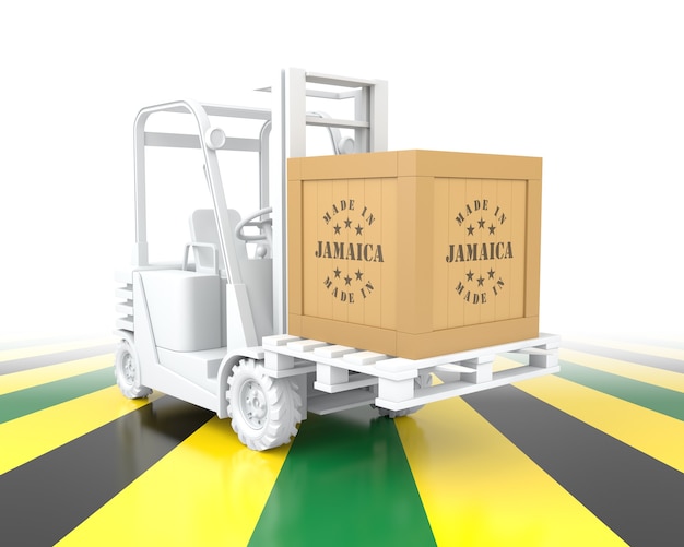 Forklift Truck with Made in Jamaica Wooden Box on Pallet. 3D Rendering