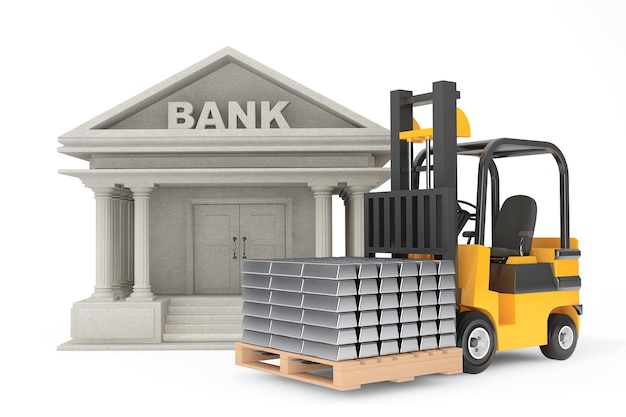 Forklift Truck with Stacked Silver Bars near Bank Building on a white background