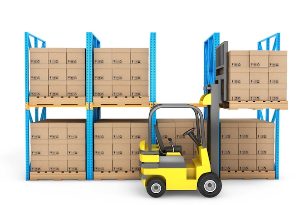 Forklift truck work in warehouse on a white background