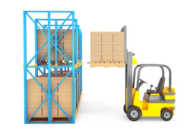 Forklift truck work in warehouse on a white background