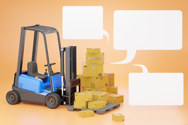 Photo forklift trucks with a cardboard box on a pallet and blank text box.