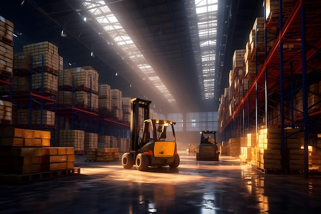 Forklift in warehouse Industrial background