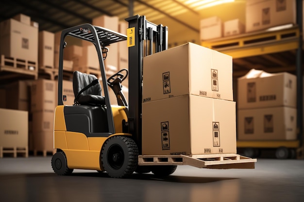 A forklift in a warehouse moves heavy cardboard boxes Ai generated