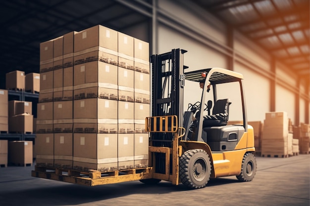 Forklift in a warehouse with a box on the back