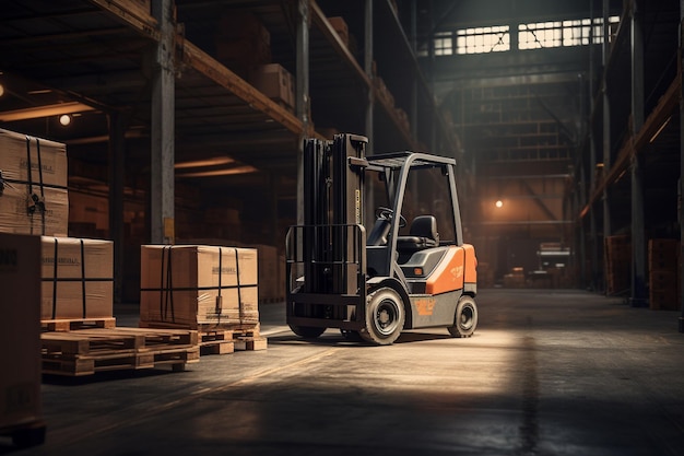 Forklift in a warehouse with a box on the back