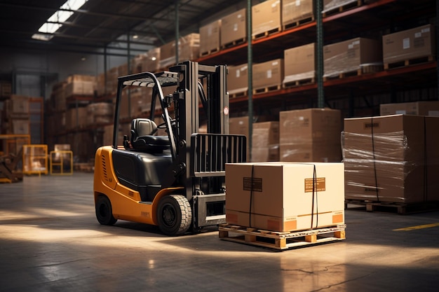 Photo forklift in a warehouse with a box on the back