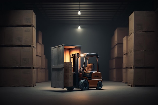 A forklift in a warehouse with boxes in the background.