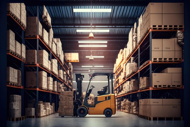 A forklift in a warehouse with boxes on the floor