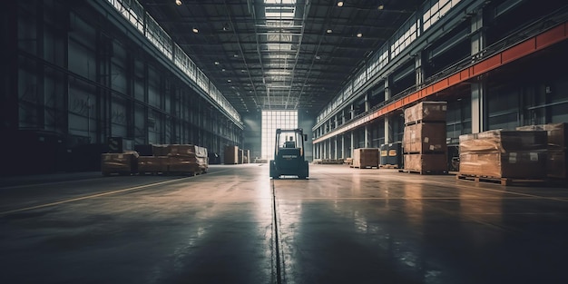 A forklift in a warehouse with the door open