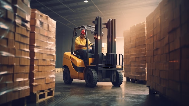 A forklift in a warehouse with a man driving it