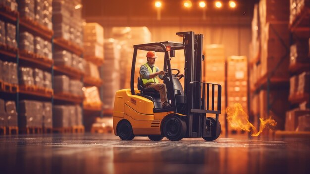 A forklift in a warehouse with a man in a yellow safety helmet driving it.