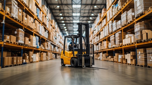 Forklift in Warehouse With Shelves of Boxes