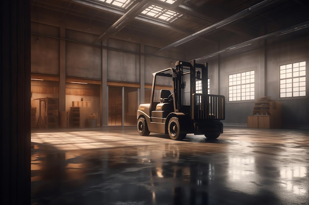 A forklift in a warehouse with the word forklift on the side.