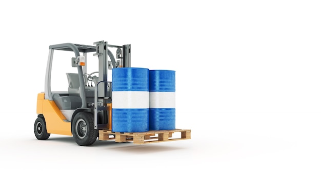 A forklift with blue barrels on it