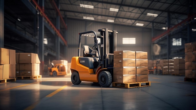 Forklift with box working in Warehouse industrial concept ai