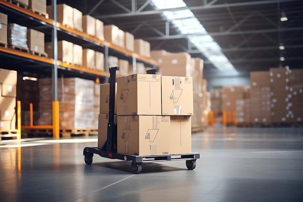 Forklift with cardboard boxes in warehouse freight transportation and distribution concept