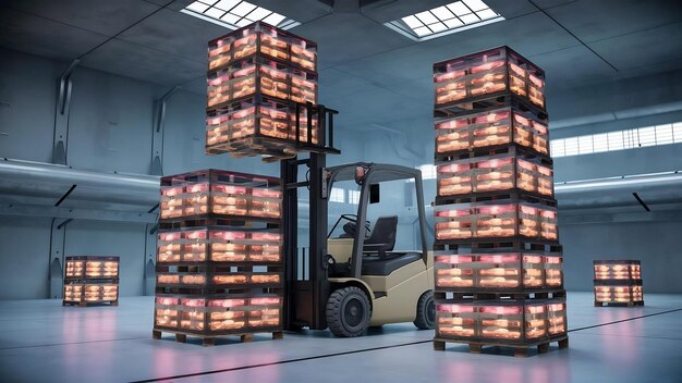 Forklift with pallets inside a warehouse nobody around 3d render