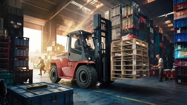 Forklift at work in a large warehouse