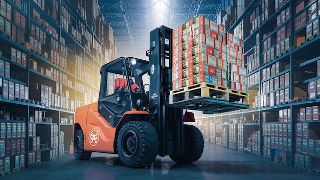 Forklift at work in a large warehouse