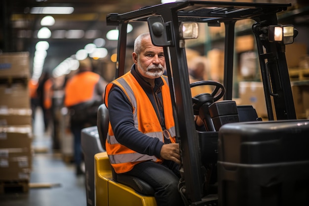 Foto forkliftoperator manoeuvreert zware lading in een drukke magazijn generatieve ai