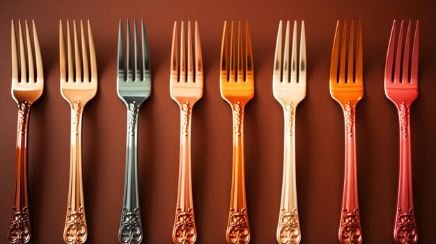 forks assortment infront closeup view with copy space on paper color background