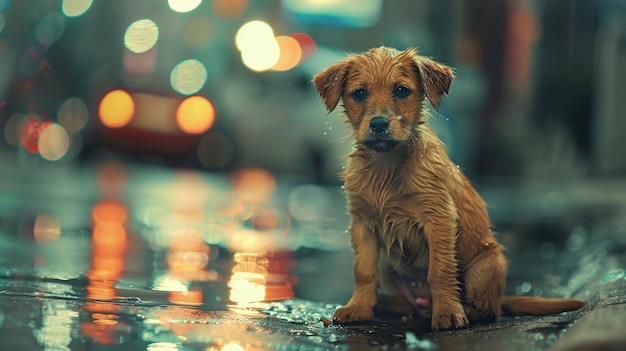 A forlorn wet puppy sitting on a rainsoaked street