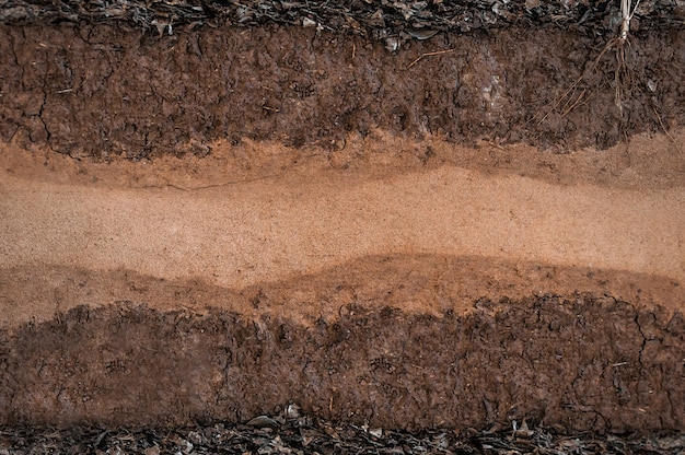 Foto forma degli strati di terreno, il suo colore e la consistenza, gli strati di trama della terra