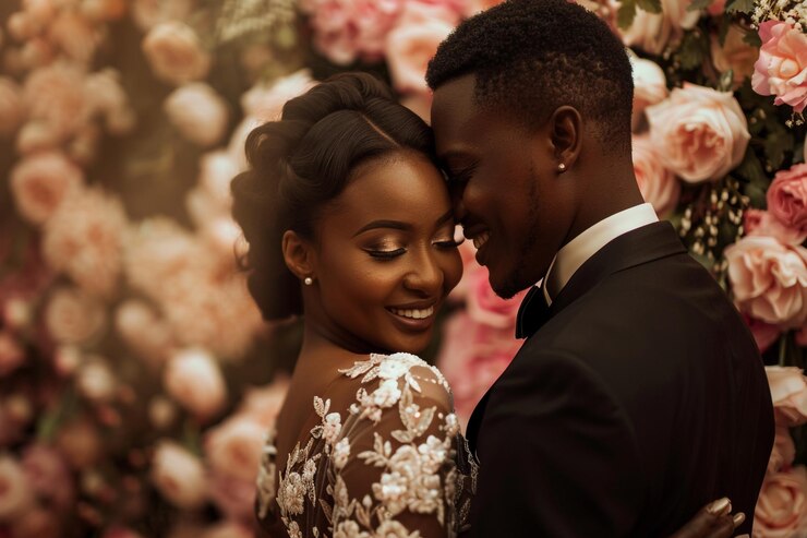 Formal Attire Couple with Soft Rose Background Capturing a Stylish and Refined Couple in Timeless Attire Against a Gentle Soft Rose background