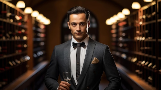 Formal hotel sommelier wine tasting sophisticated cellar meticulous bottle rows