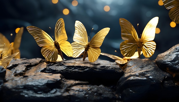 Formatie van gouden vlinders die sierlijk zitten.