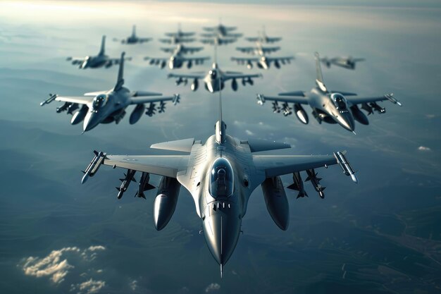 A formation of fighter jets flying in a tight Vformation showcasing the teamwork and airpower