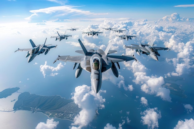 A formation of fighter jets flying in a tight Vformation showcasing the teamwork and airpower