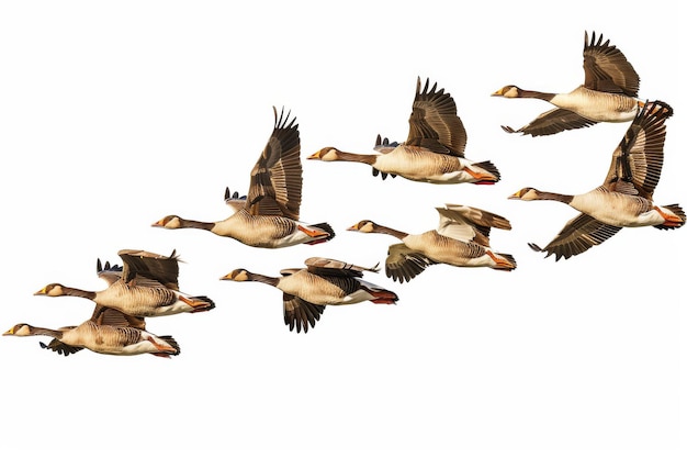 Photo formation of flying geese isolated on white background
