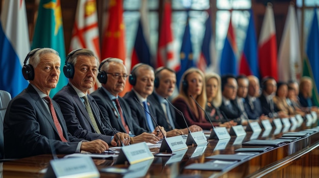 Foto formele internationale conferentie met multinationale politici in koptelefoon