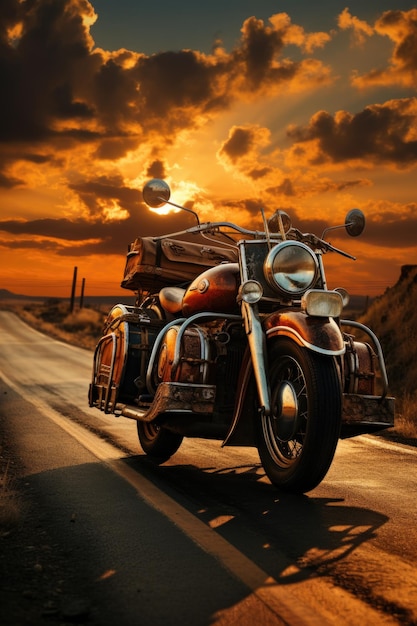 Former retro motorcycle traveling on the rural road against the beautiful light generative IA