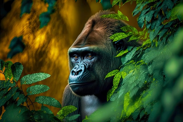 Formidable primate of gorilla among green leaves in wild forest