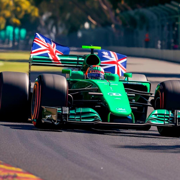 a formula 1 car on the track with flags in the background