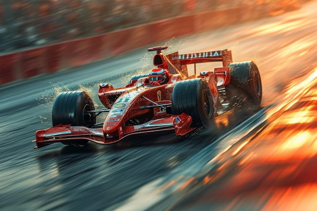 Formula 1 car on wet track at high speed