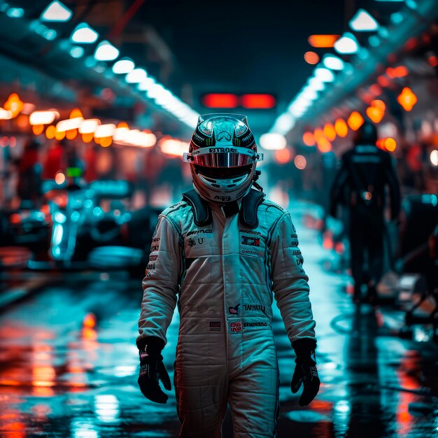 Photo formula 1 driver from the front in his equipment is on the track with his team and his car