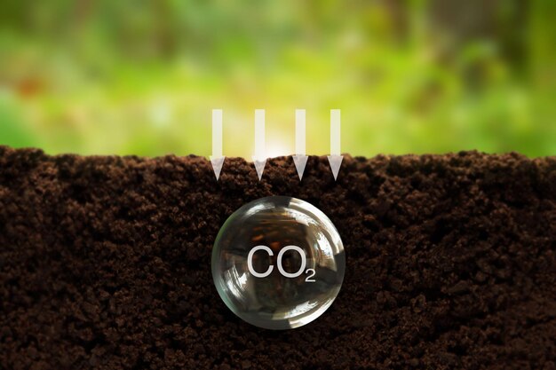 사진 지하 투명한 공에 있는 이산화탄소 co2의 공식 - 오염의 개념