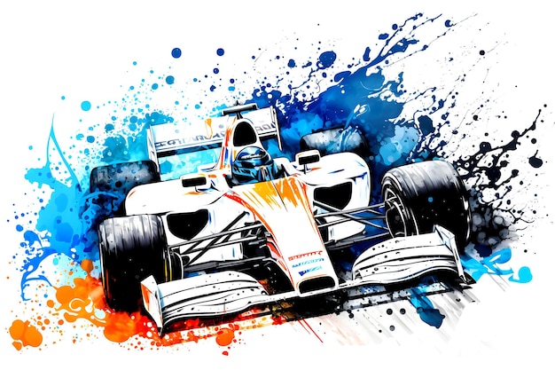 Formula one race red car on watercolor rainbow splash isolated on white Neural network generated art