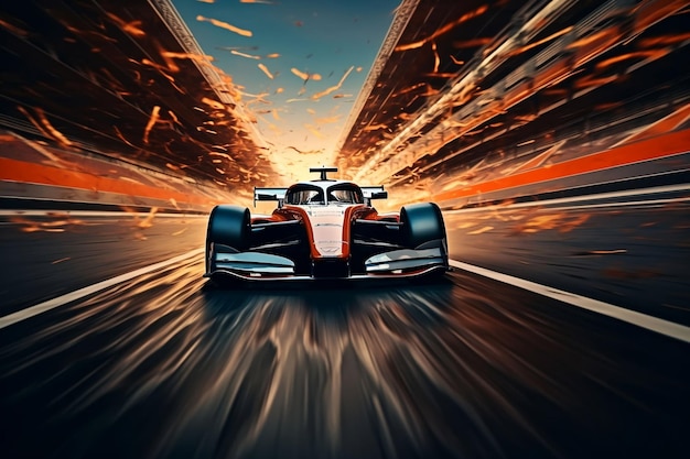 formula race car on track with motion blur