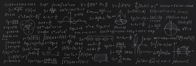 Formules en berekeningen uit wiskunde en meetkunde op schoolbord