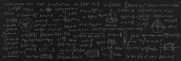 Formules en berekeningen uit wiskunde en meetkunde op schoolbord