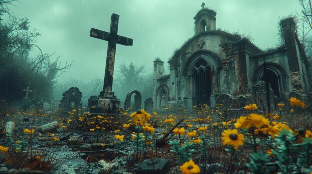 Photo a forsaken cemetery with cracked mausoleums wallpaper
