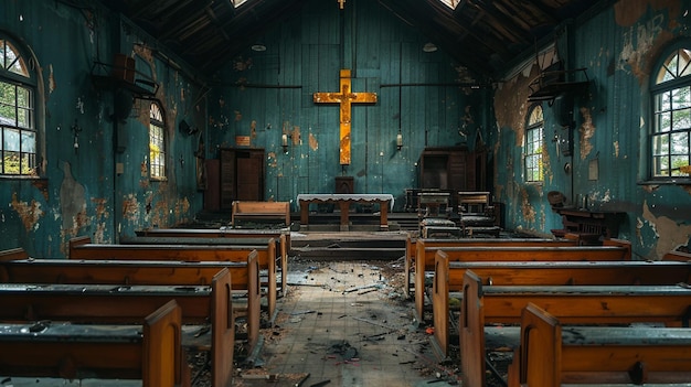 Photo a forsaken chapel with broken pews background