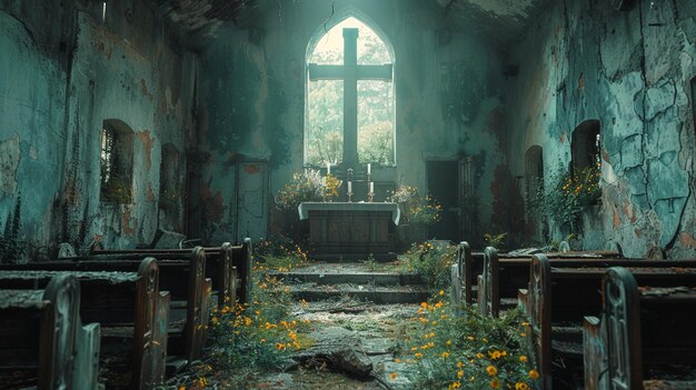 Photo a forsaken chapel with broken pews wallpaper