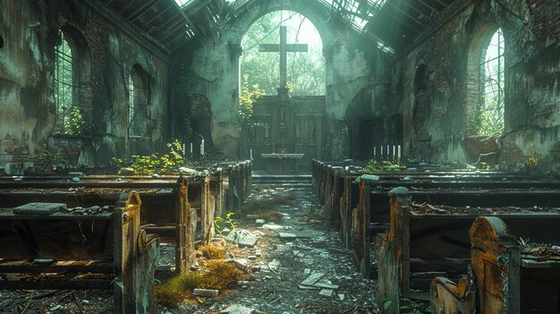 Photo a forsaken chapel with broken pews wallpaper