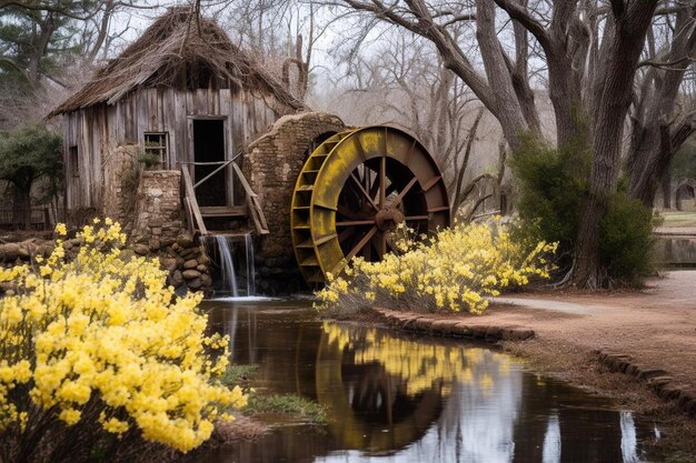 Foto forsythias en een historisch waterwiel forsythias forsythia in bloom beeldfotografie